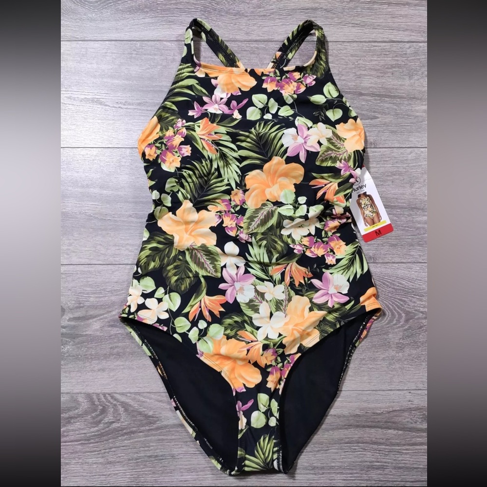 Hurley Women’s Tropical One Piece Bathing Suit, SPF 50+ Strappy Back Size Medium